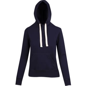 A navy blue women's heavy fleece hoodie featuring a front pocket and drawstrings on the hood.