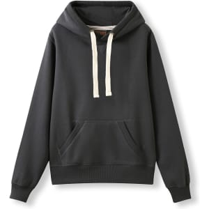 A women's heavy fleece hoodie in black, featuring a front pocket and light-coloured drawstrings, with a logo.