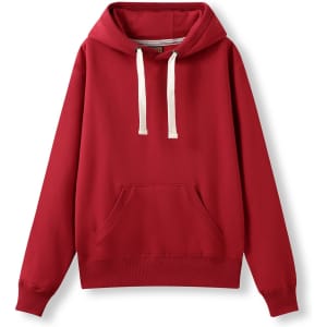 A red heavy fleece hoodie with a hood, front pocket, and contrasting drawstrings. It has a logo on the front.