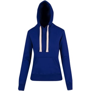 A blue heavy fleece hoodie with a front pocket and cream-coloured drawstrings, featuring a logo.