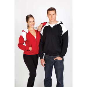 A red and black shoulder contrast zip hoodie with a white design, worn by a woman and a man. Both are standing together.