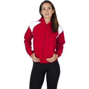 A red hoodie with white shoulder contrast, featuring a zip front and a hood, worn by a model.