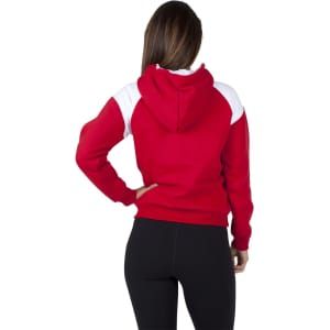 A red and white women's juniors shoulder contrast ZIP hoodie with a hood and sleek design, featuring a logo.