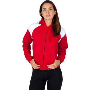 A red hoodie with white shoulder contrast and a zip front, featuring a hood and a fitted design.