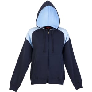 A navy and light blue women's junior zip-up hoodie with a hood and front pockets. It features contrasting shoulder panels.