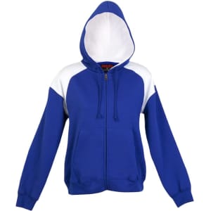A blue and white women's juniors shoulder contrast zip hoodie featuring a hood and front pockets.