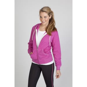 A pink women's hoodie with a zip, featuring a front pocket and a drawstring hood, modelled by a woman.