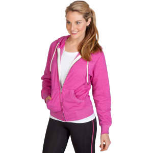 A pink zip hoodie with a hood, featuring a front zipper and two side pockets, worn by a model.