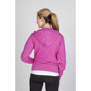 A pink heather zip hoodie with a relaxed fit, featuring a hood and a branding logo on the back.