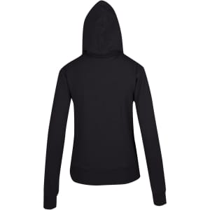 A black women's junior zip hoodie with long sleeves and a fitted design, featuring a hood at the back.