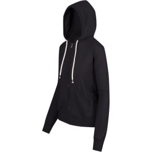 A black zip hoodie with a hood, featuring drawstrings and front pockets, has a simple design and fitted style.
