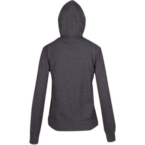 A grey zip-up hoodie with a hood and long sleeves, featuring a logo on the back.