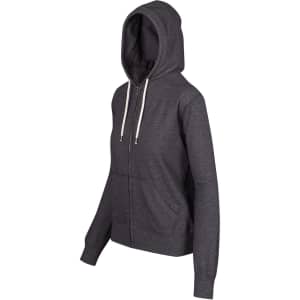 A grey zip-up hoodie with a hood, featuring a front pocket and a drawstring. It has a brand logo.