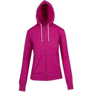 A pink zip hoodie with a hood, featuring a front zipper and pockets. It has a logo on it.