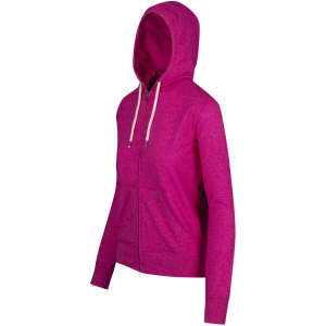 A pink zip hoodie with a hood, featuring front pockets and a logo on the chest.