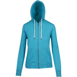 Heather zip hoodie in vibrant turquoise, featuring a front zipper and two pockets. Includes a hood and drawstrings.