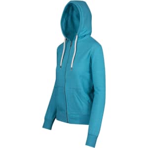A teal zip hoodie for women or juniors, featuring a hood and front pockets. It has a small logo on it.