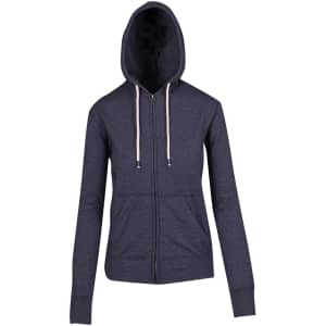 A navy blue zip hoodie with a hood and front pockets, featuring a logo on the chest.