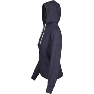 A women's heather zip hoodie in dark navy, featuring a hood and front pockets. It has a logo on the fabric.