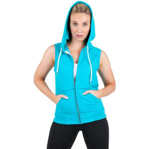 A sleeveless zip hoodie in vibrant teal, featuring a hood and front pockets, with a logo.