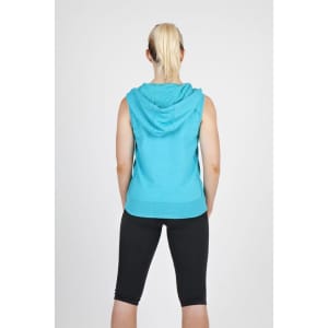 A sleeveless zip hoodie in a vibrant turquoise colour, featuring a hood and a fitted design, captured from the back.
