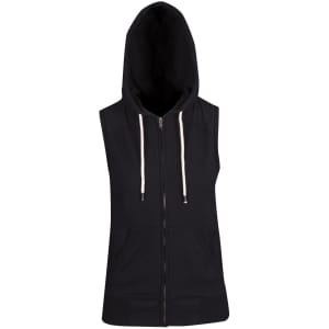 A sleeveless black zip hoodie featuring a hood, with front pockets and drawstrings. It includes a logo.