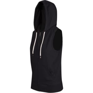 A sleeveless black zip hoodie featuring a hood and front pockets, part of the Greatness Range.