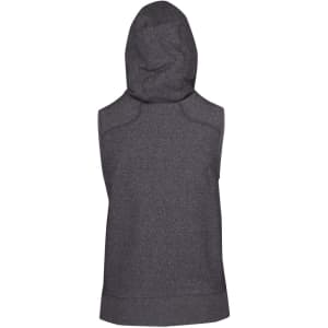 A sleeveless zip hoodie in heather grey, featuring a hood and a branded logo.