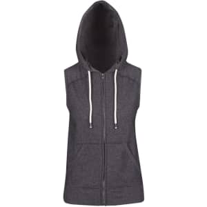 A sleeveless zip hoodie in grey, featuring a hood and two front pockets. Includes a logo on the design.