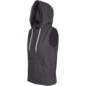 A sleeveless zip hoodie in heather grey with a hood and front pockets. Features a branding logo.