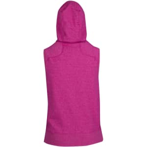 A sleeveless zip hoodie in vibrant pink, featuring a hood and a branded logo.