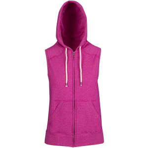 A sleeveless zip hoodie in vibrant pink with a hood and front pockets, featuring a branding logo.