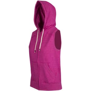 A sleeveless zip hoodie in bright pink with a hood and front pockets, featuring a logo on the front.