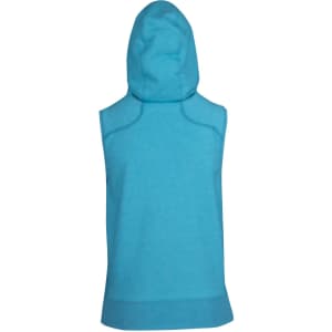 A sleeveless zip hoodie in a bright turquoise colour, featuring a hood and a branded logo.