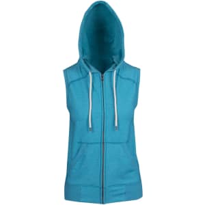 A sleeveless zip hoodie in vibrant turquoise with a front pocket and a hood. Features a logo on the fabric.