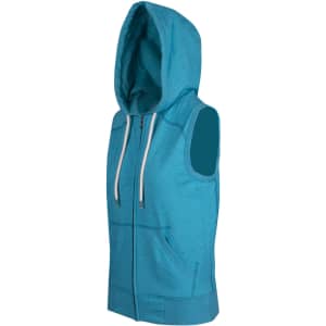 A sleeveless zip hoodie in vibrant teal featuring a hood and front pockets. Includes branding.