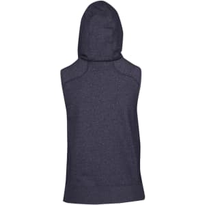Sleeveless zip hoodie in a dark heather colour, featuring a hood and a branded logo.