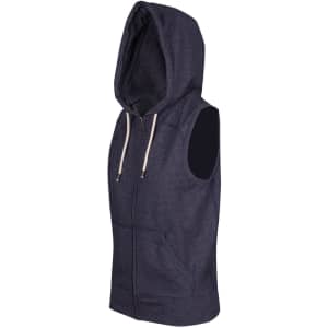 A sleeveless zip hoodie in dark heather grey with a hood and front pockets, featuring a logo.