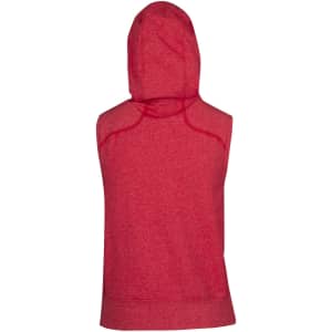 A sleeveless red hoodie featuring a hood and a branded logo on the back. Suitable as casual wear.