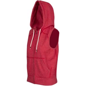 A red sleeveless zip hoodie featuring a hood and front pockets, part of the Greatness Range. It has a logo.