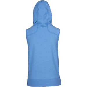 A sleeveless zip hoodie in a light blue hue, featuring a hood and a simple design. It has a logo on it.