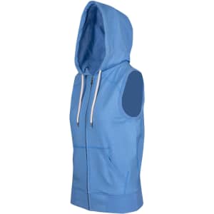 A sleeveless zip hoodie in blue, featuring a hood and front pockets, with an emblem on the chest.