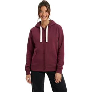 A navy blue and burgundy heavy zip fleece hoodie, displayed by two models. The hoodies have drawstrings and pockets.