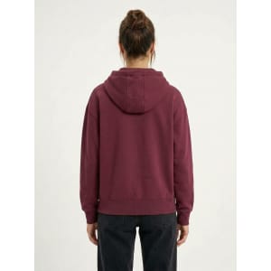 A blue women's/junior heavy zip fleece hoodie with a hood, viewed from the back.