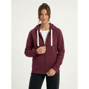 A blue women's heavy zip fleece hoodie and a black men's hoodie, both featuring drawstrings and a logo.