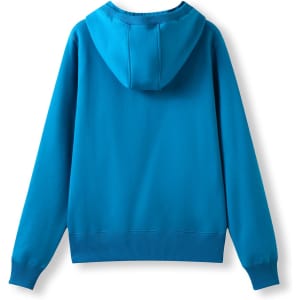 A back view of a women's heavy zip fleece hoodie in bright blue, featuring a hood and ribbed cuffs.