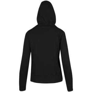 A black women's junior heavy zip fleece hoodie with a hood and long sleeves, featuring a branded logo.