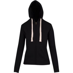 A black women's junior heavy zip fleece hoodie with a drawstring hood and front zipper.