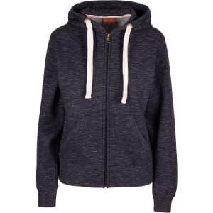 A women's junior heavy zip fleece hoodie in dark grey with a zip front and cream drawstring. It features side pockets and a hood.