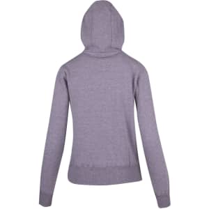A grey women's junior heavy zip fleece hoodie with a hood and ribbed cuffs. Features a logo.
